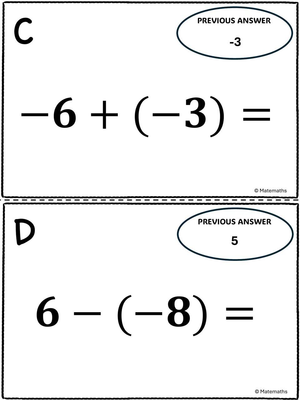 Integer task cards C and D: students add two negatives, -6 + (-3), and subtract a negative, 6 - (-8)