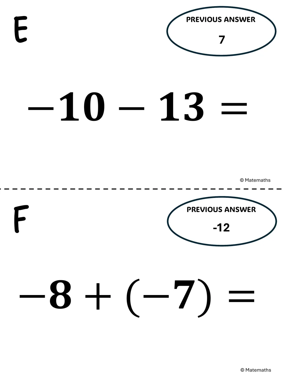 Integer task cards E and F: students solve -10 - 13 and -8 + (-7), each with a previous-answer oval to match