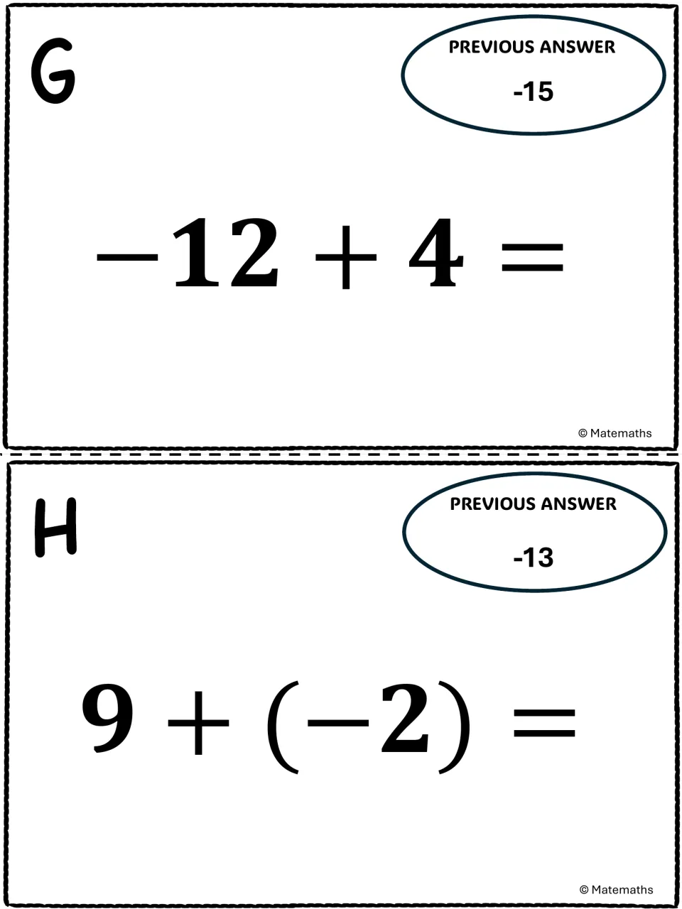 Integer task cards G and H: students add -12 + 4 and 9 + (-2), then look for the card whose previous answer matches