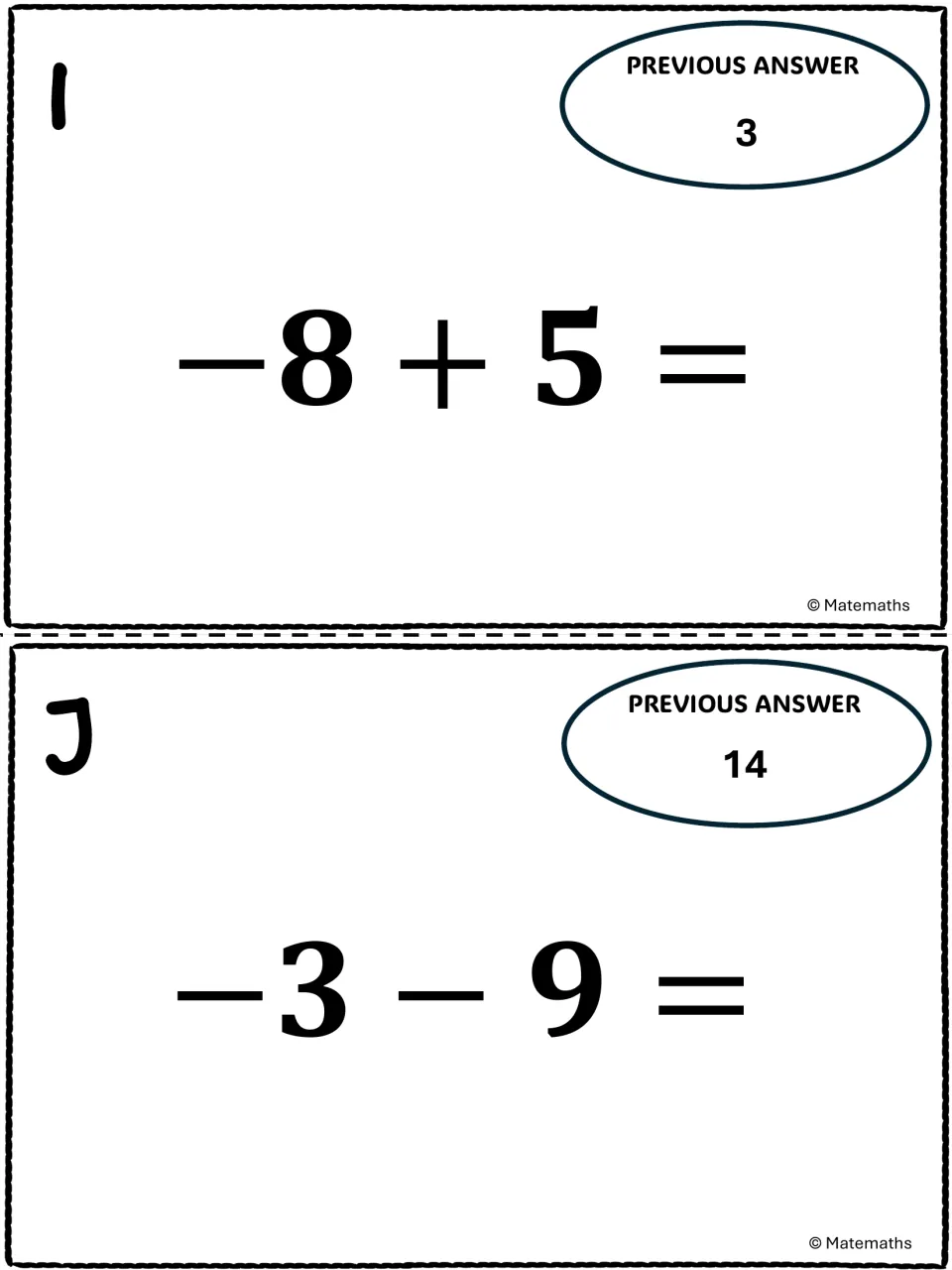 Integer task cards I and J: students solve -8 + 5 and -3 - 9 to locate the next card in the answer chain