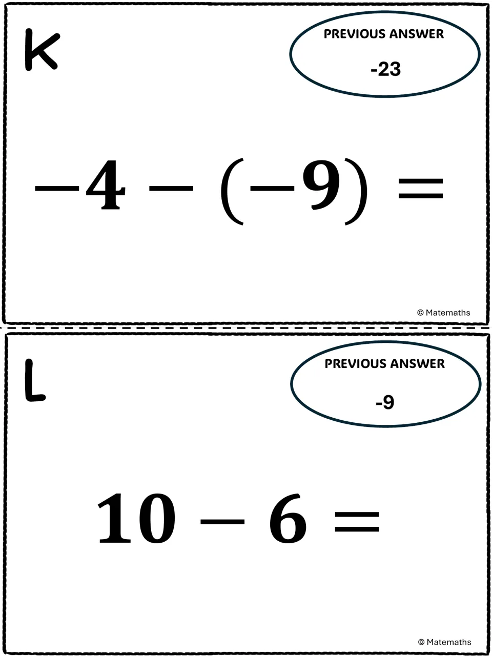 Integer task cards K and L: students subtract a negative in -4 - (-9) and solve 10 - 6 to continue the hunt