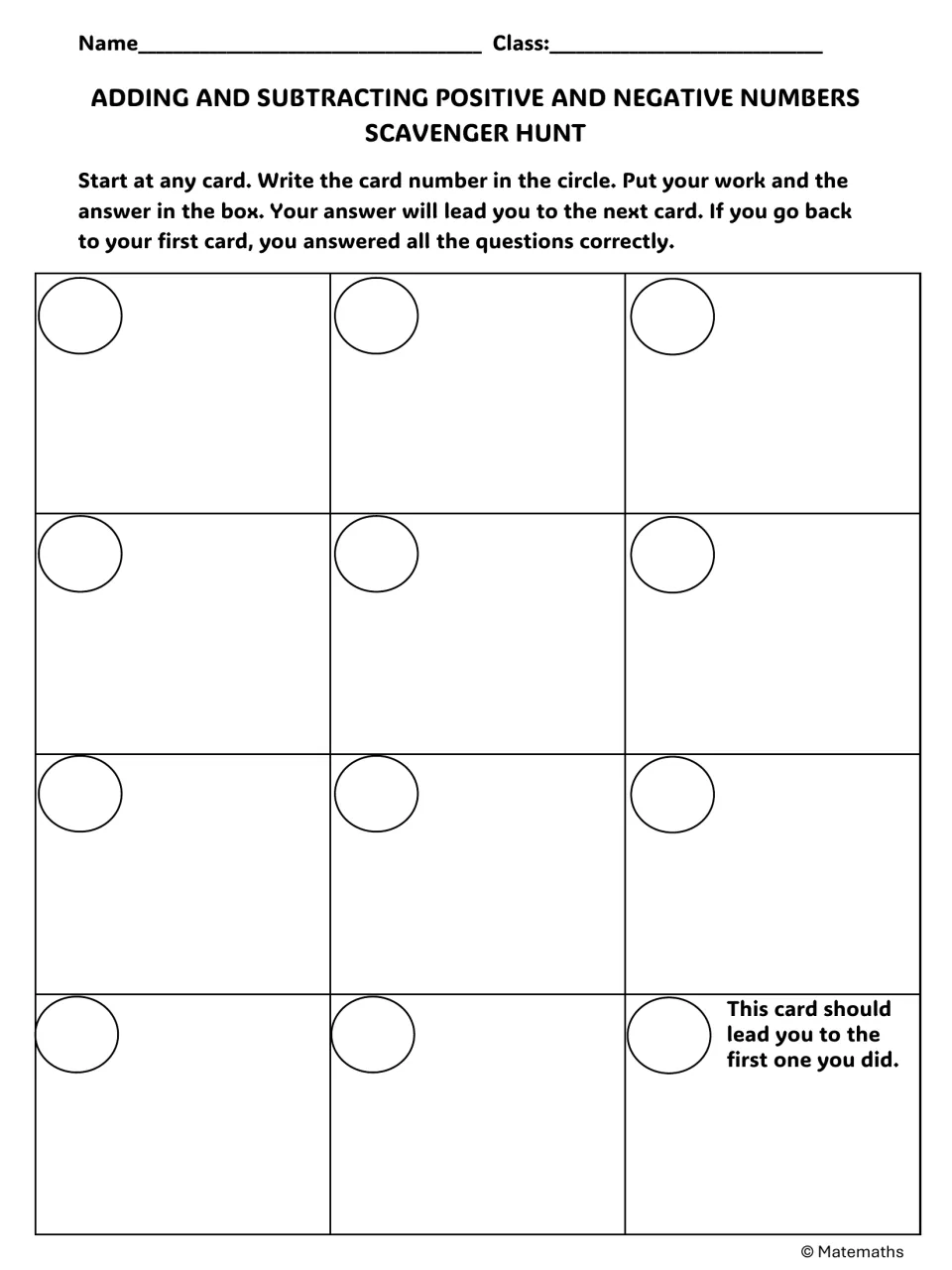 Student recording sheet for positive and negative numbers: 12 spaces to log card labels, work and answers in order