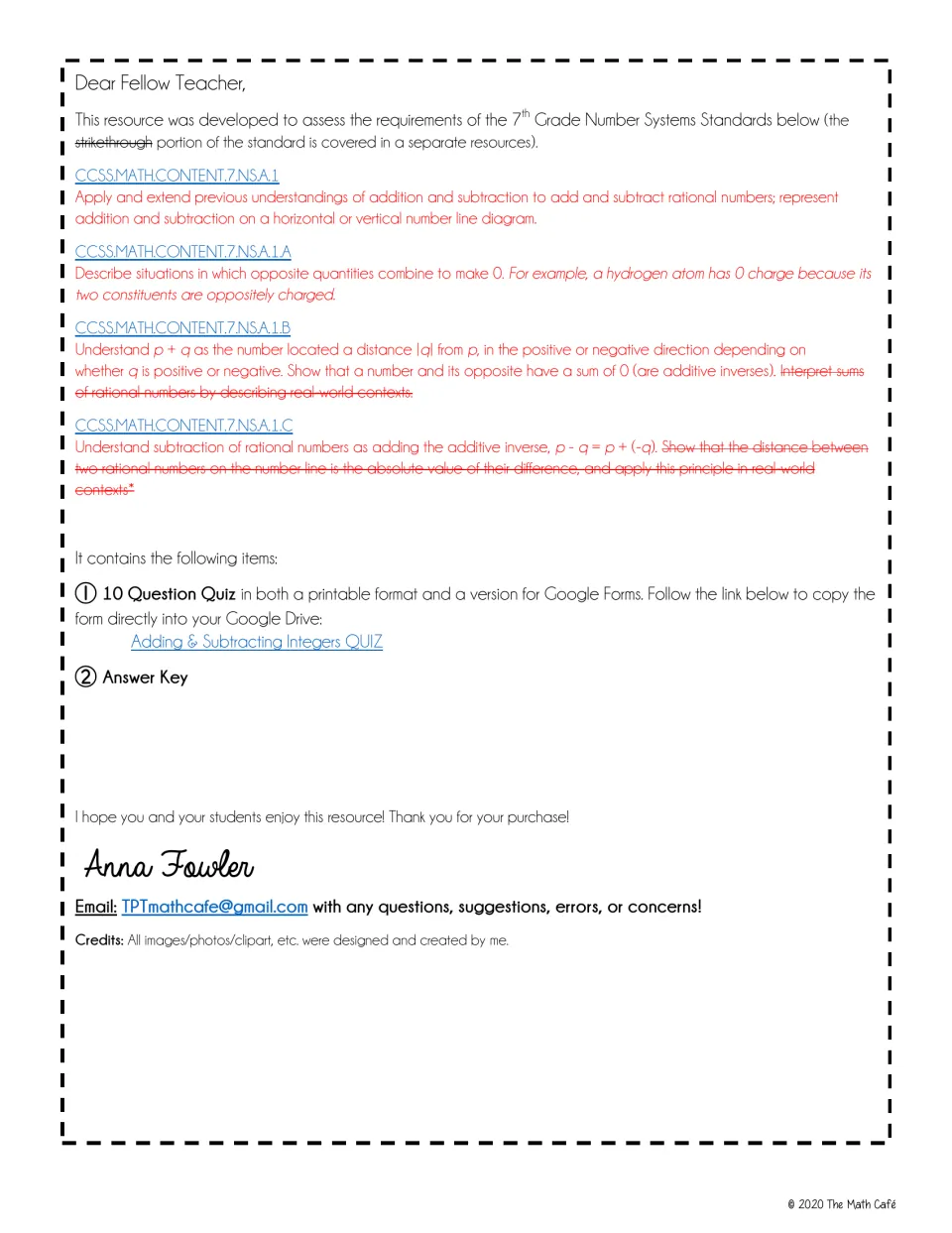 Teacher introduction to the integer quiz, listing seventh-grade standards, quiz formats, and an answer key.
