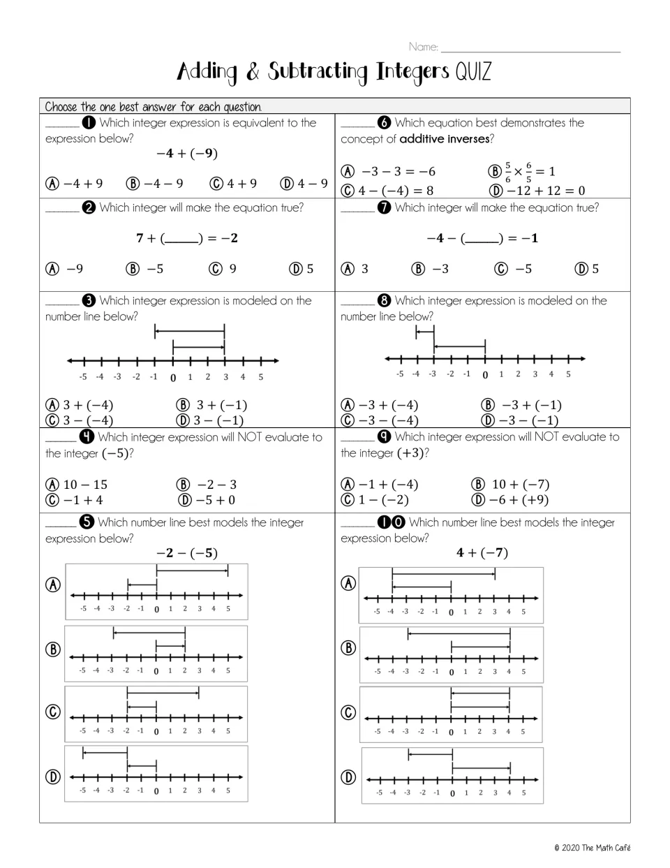 Integer quiz: 10 multiple-choice questions on addition, subtraction, additive inverses, and number lines.