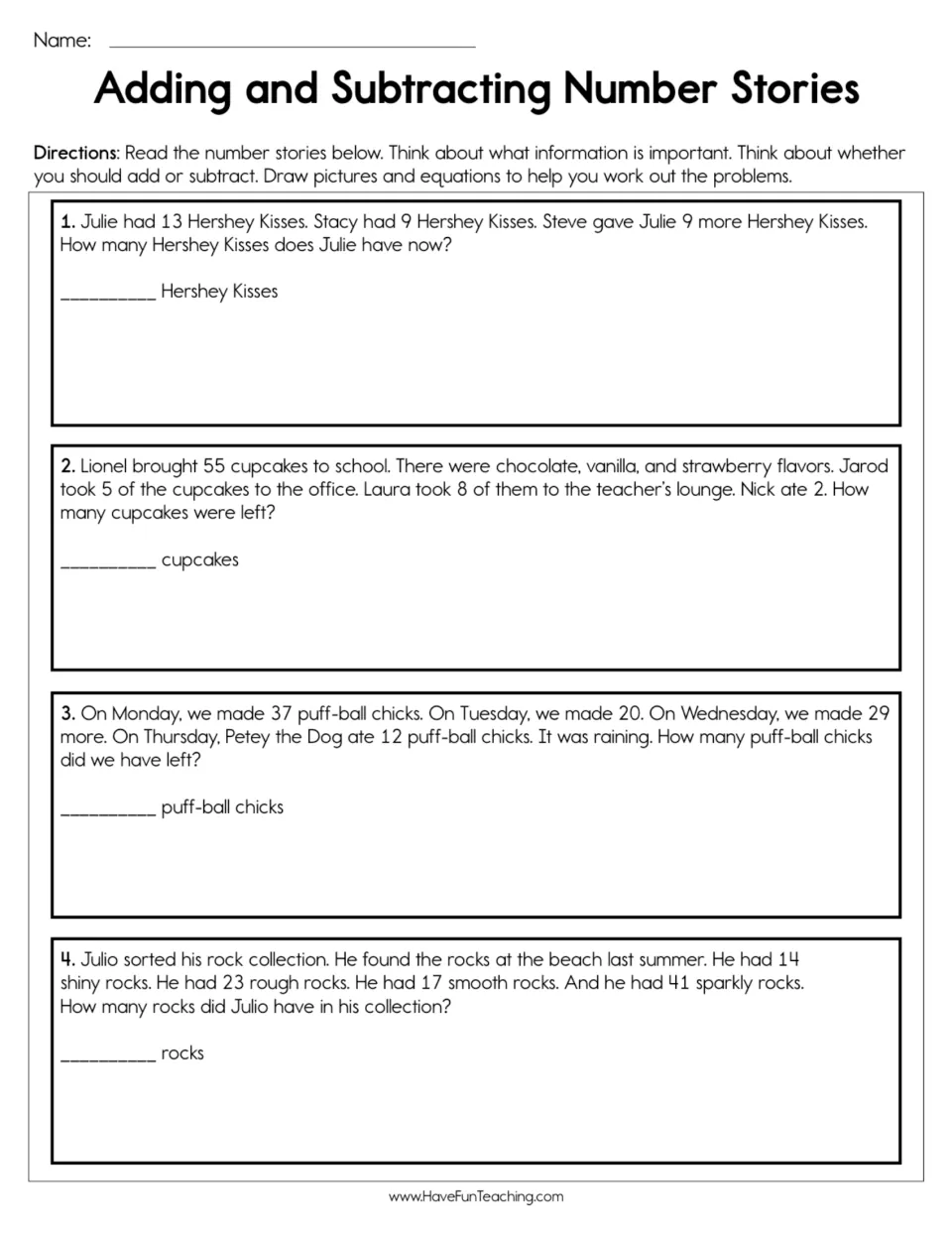 Four addition and subtraction number stories about Hershey Kisses, cupcakes, puff-ball chicks, and rocks.
