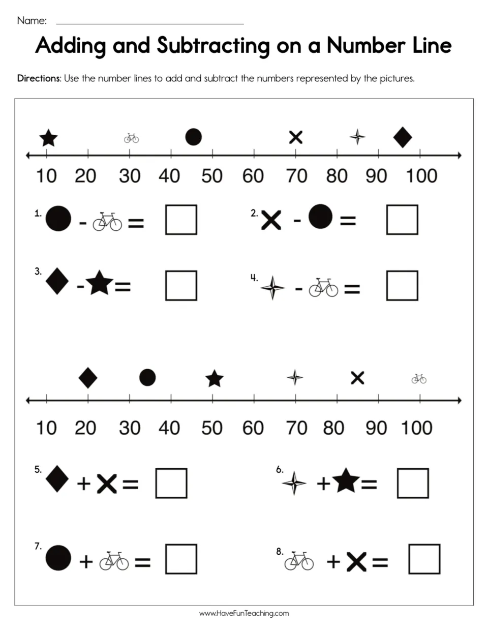 Picture equations on number lines to 100: students find each symbol's value, solve 4 subtraction and 4 addition items