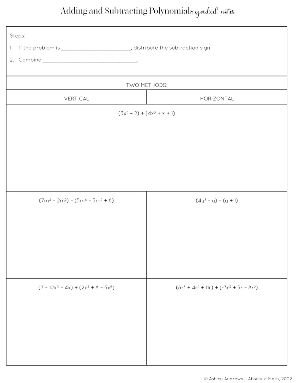 Polynomial addition and subtraction notes: students fill in two steps, then solve 5 problems vertically or horizontally