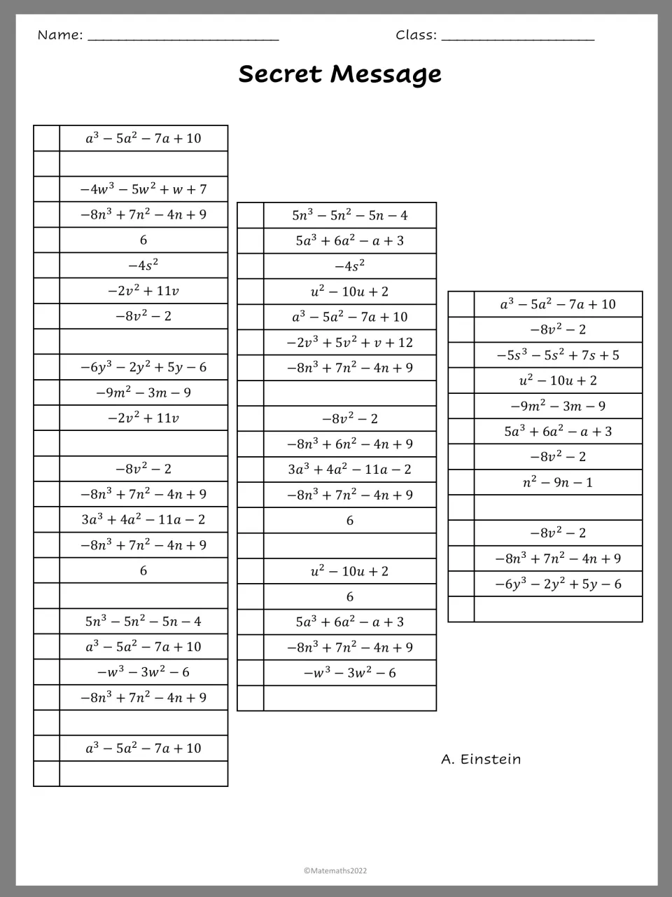 Secret Message decoder: students match simplified polynomials to letters to reveal a quote attributed to A. Einstein