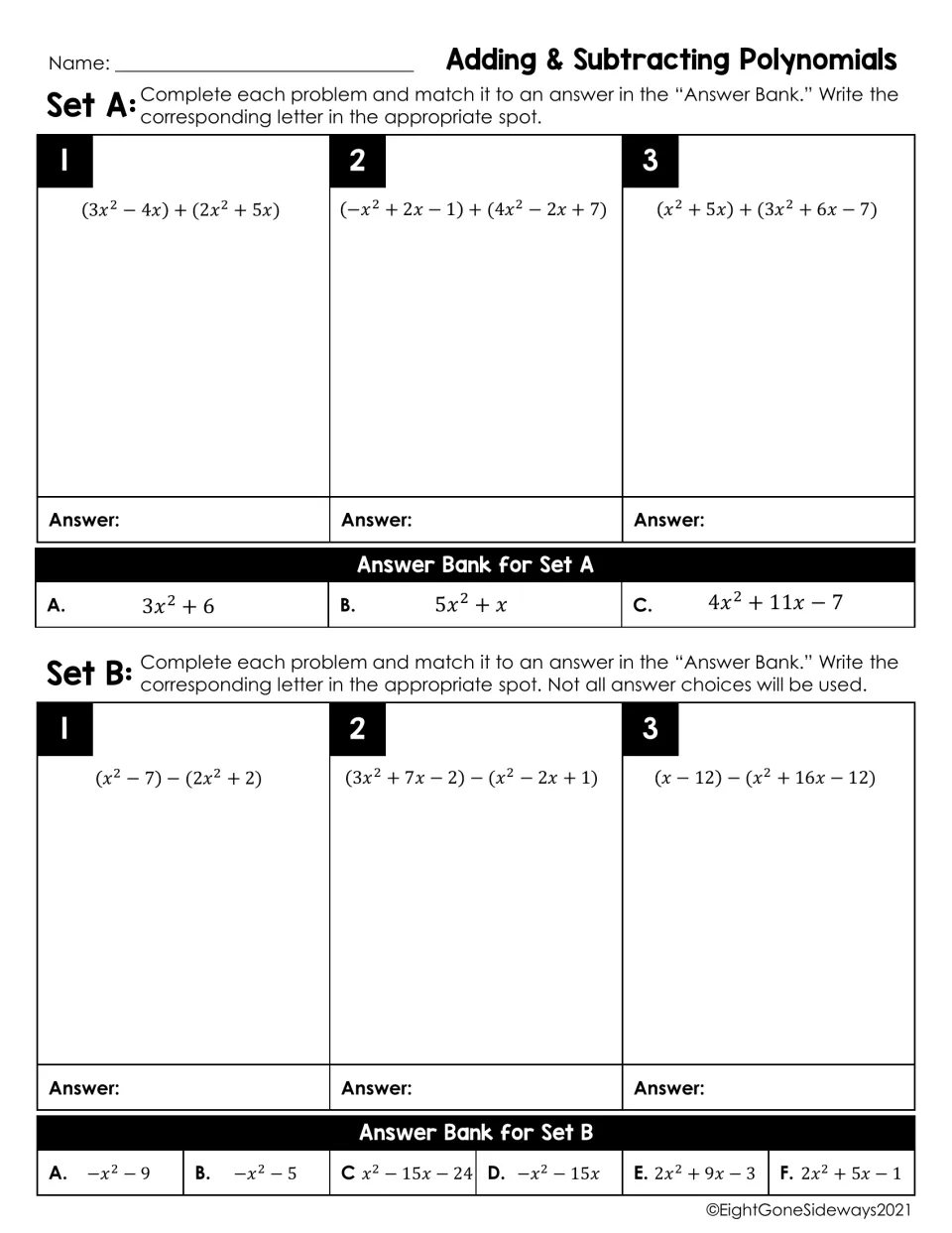 Adding and subtracting polynomials, Sets A and B: students simplify 6 expressions and match each to an answer bank letter