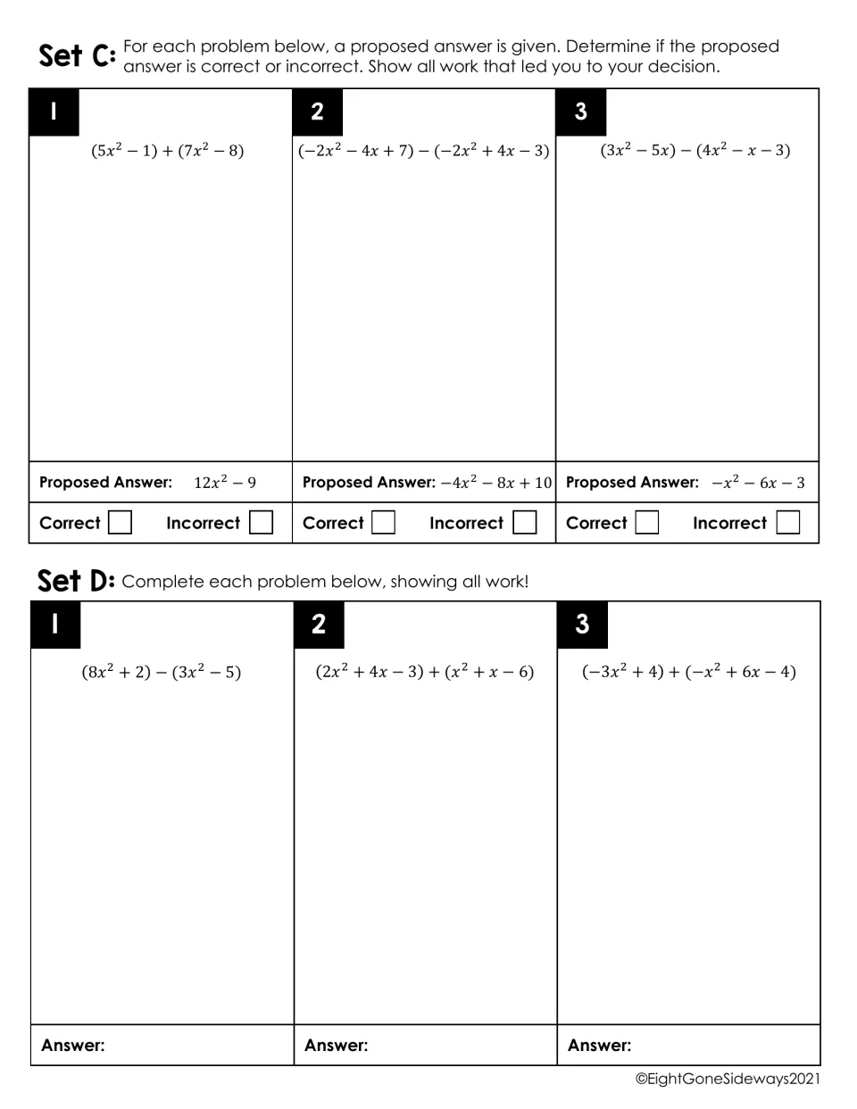 Polynomial sums and differences, Sets C and D: students judge 3 proposed answers correct or incorrect, then solve 3 more