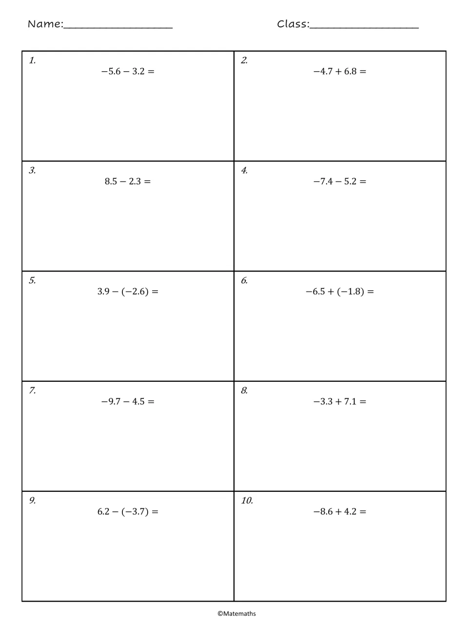 Adding and subtracting signed decimals, problems 1 to 10: students solve items such as −5.6 − 3.2 and 3.9 − (−2.6)