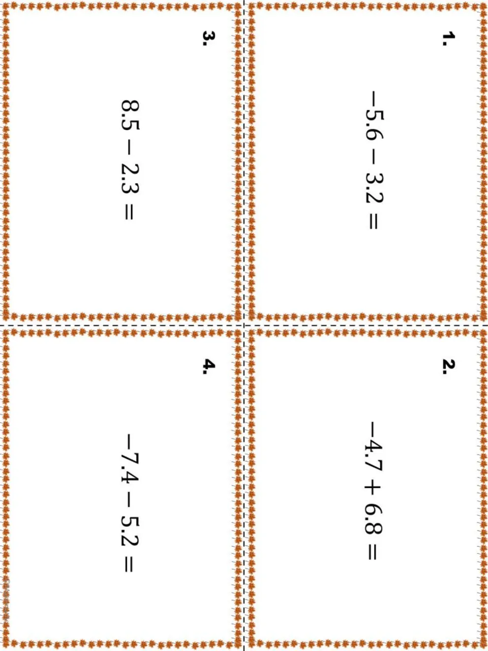 Signed decimal task cards 1 to 4 for cutting apart: students solve −5.6 − 3.2, −4.7 + 6.8, 8.5 − 2.3 and −7.4 − 5.2