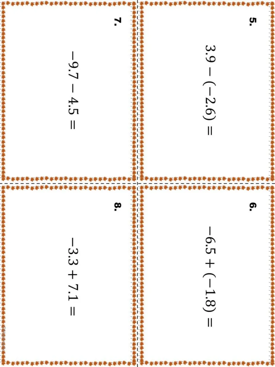 Task cards 5 to 8 on adding and subtracting negative decimals: 3.9 − (−2.6), −6.5 + (−1.8), −9.7 − 4.5 and −3.3 + 7.1