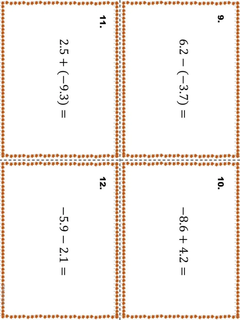 Mixed-sign decimal task cards 9 to 12: students evaluate 6.2 − (−3.7), −8.6 + 4.2, 2.5 + (−9.3) and −5.9 − 2.1
