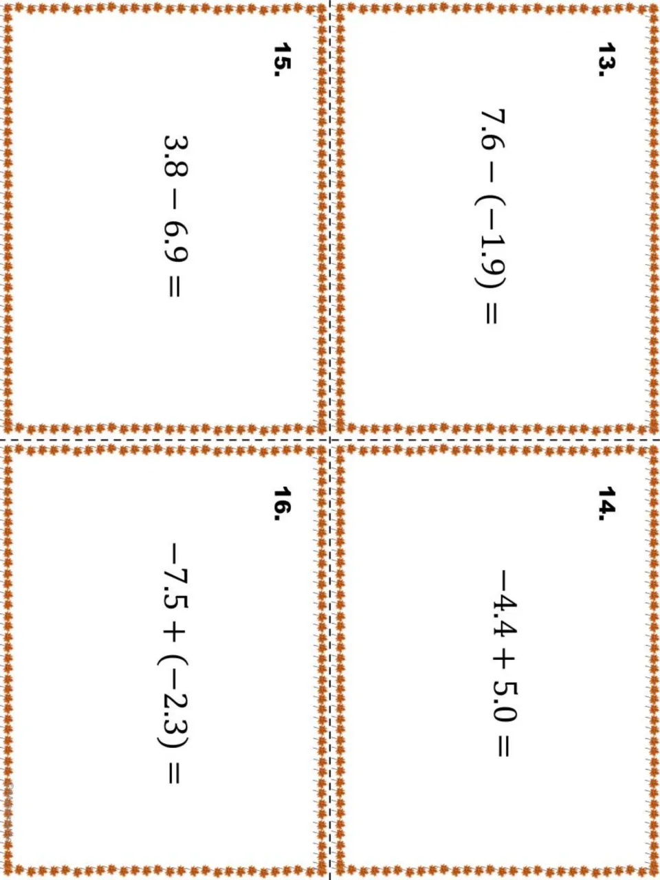 Task cards 13 to 16 practising signed decimal operations: 7.6 − (−1.9), −4.4 + 5.0, 3.8 − 6.9 and −7.5 + (−2.3)