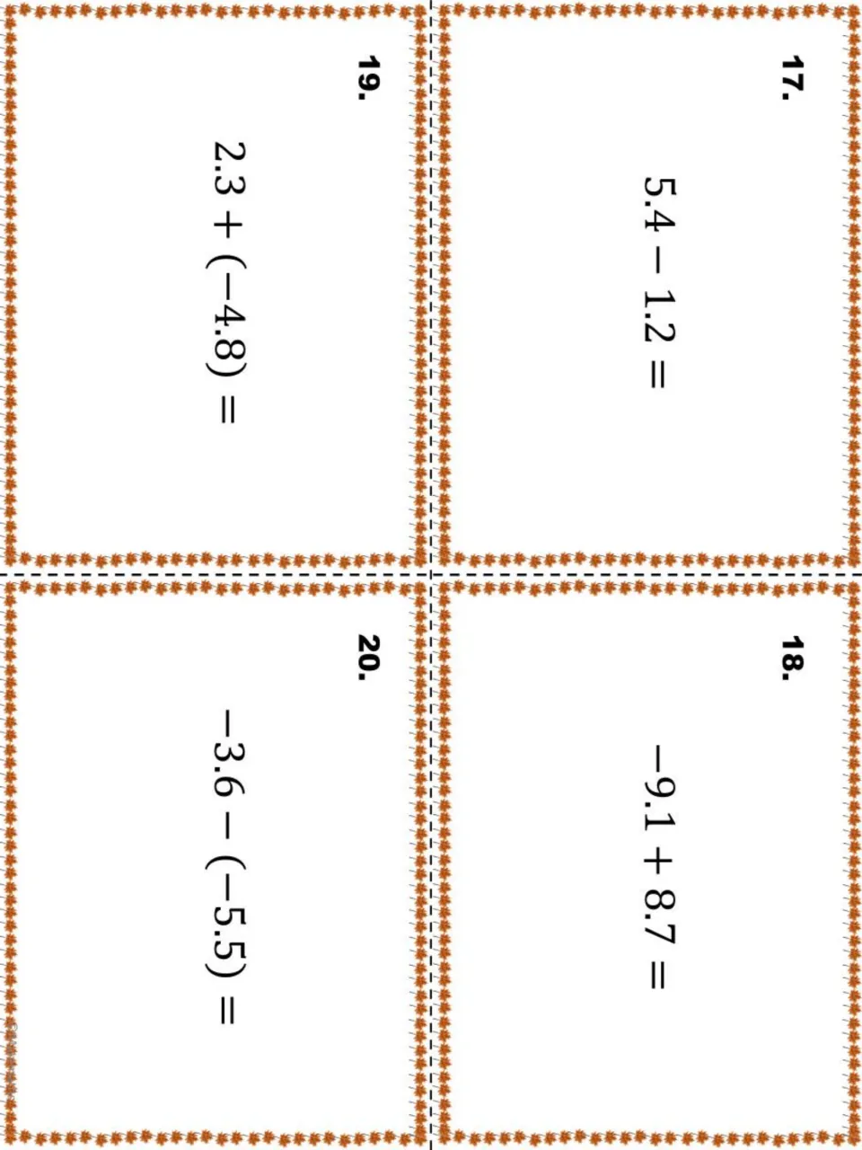 Final task cards 17 to 20 with negative decimals: students solve 5.4 − 1.2, −9.1 + 8.7, 2.3 + (−4.8) and −3.6 − (−5.5)