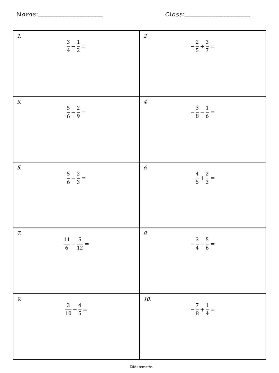 Signed fraction practice, problems 1-10: students add and subtract fractions with unlike denominators, like -2/5 + 3/7
