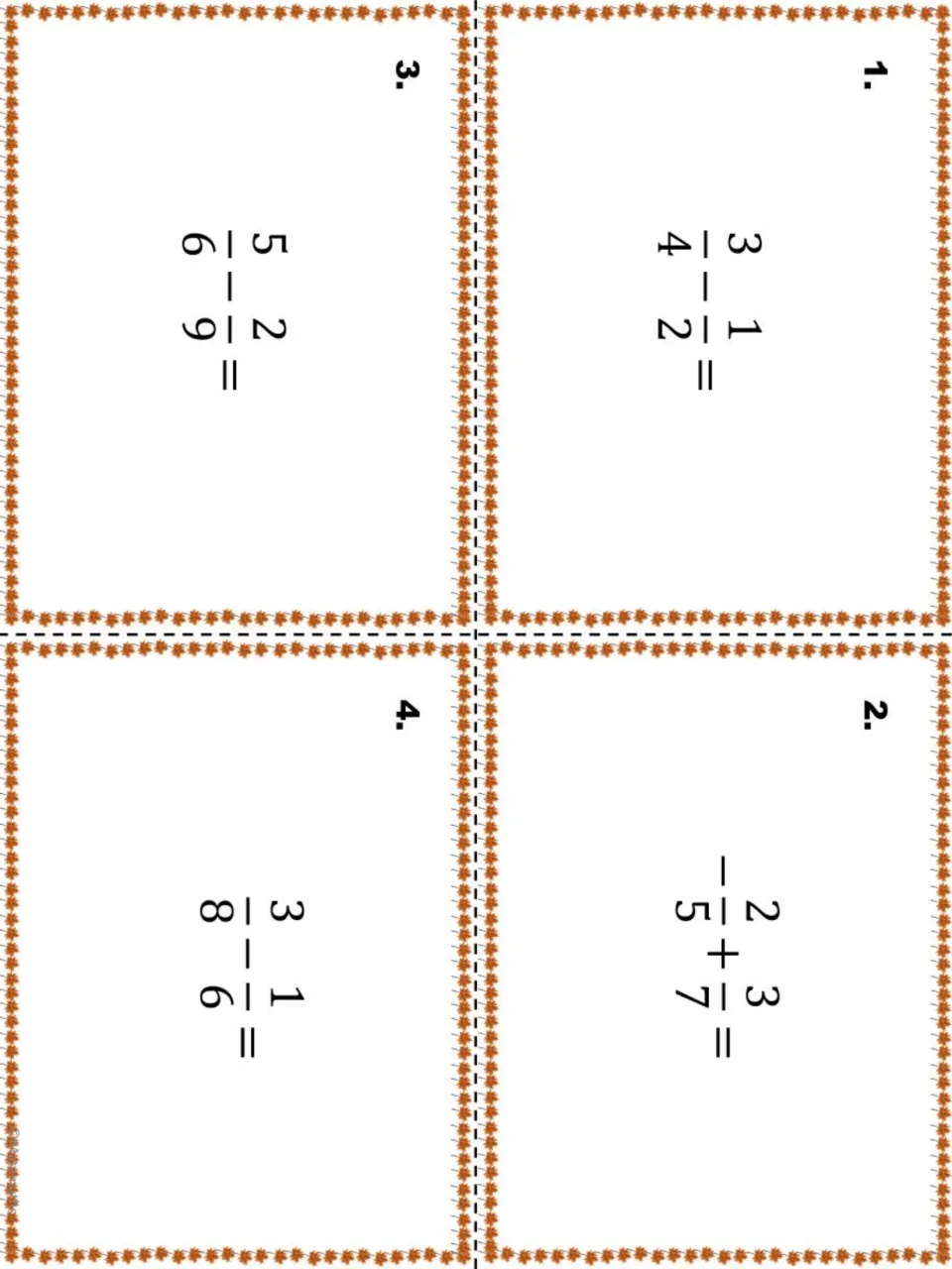 Task cards 1-4: students add and subtract signed fractions, including 3/4 - 1/2 and -2/5 + 3/7