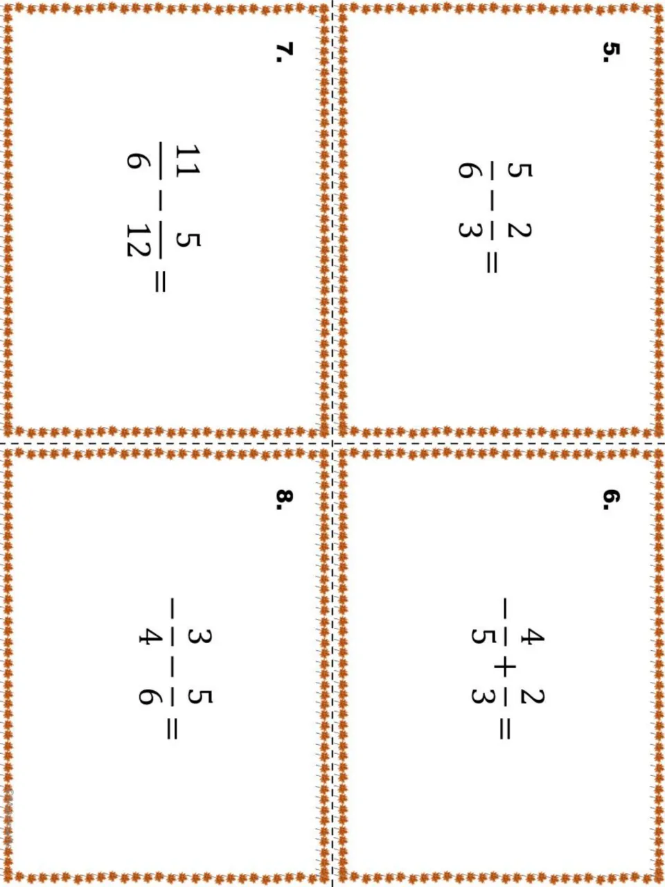 Task cards 5-8: students simplify fraction differences and sums 5/6 - 2/3, -4/5 + 2/3, 11/6 - 5/12 and -3/4 - 5/6