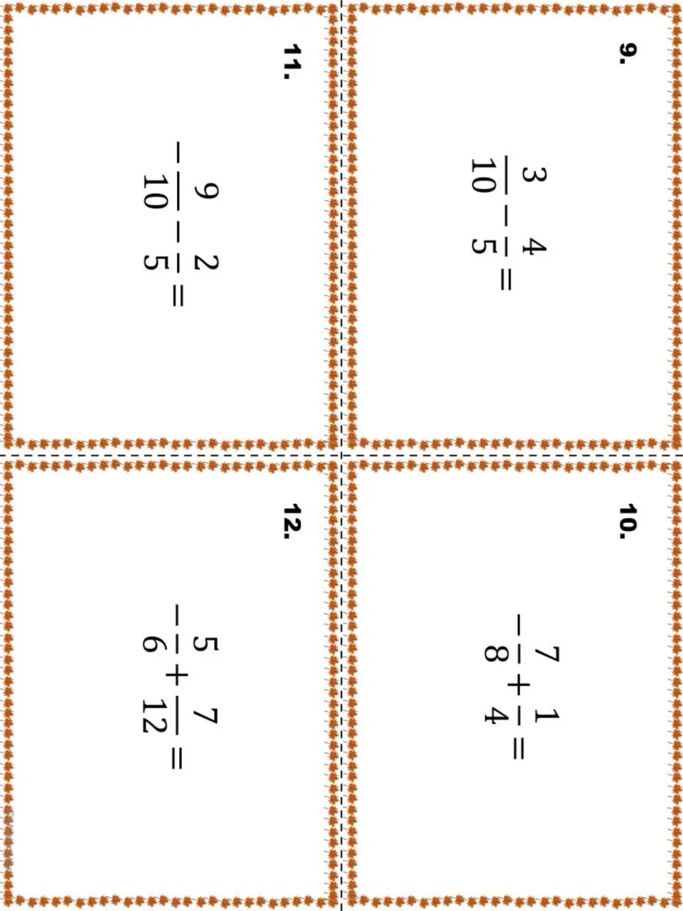 Task cards 9-12: subtracting and adding fractions with negatives, such as 3/10 - 4/5 and -5/6 + 7/12
