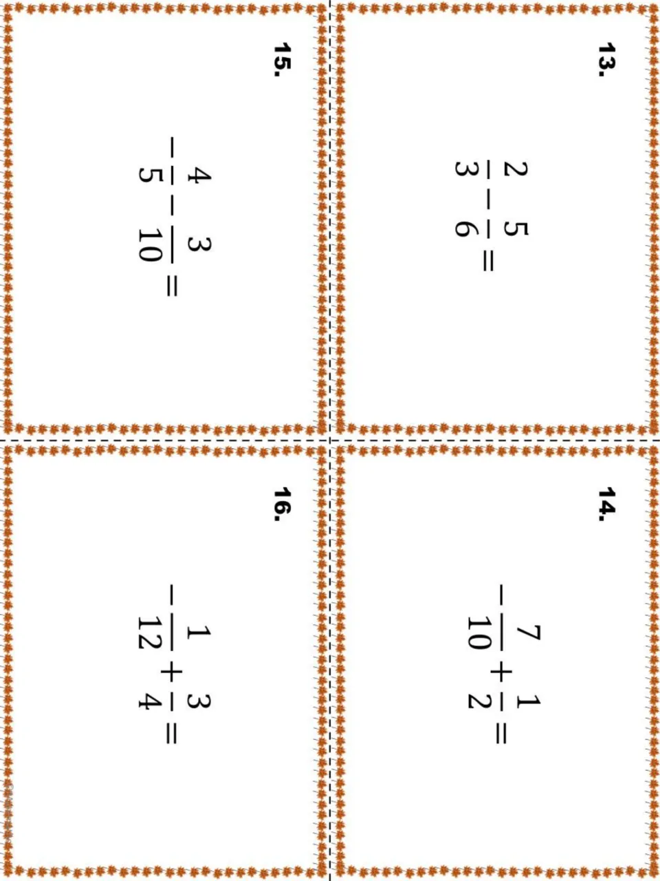 Task cards 13-16 with expressions like 2/3 - 5/6, -7/10 + 1/2 and -1/12 + 3/4 for students to simplify
