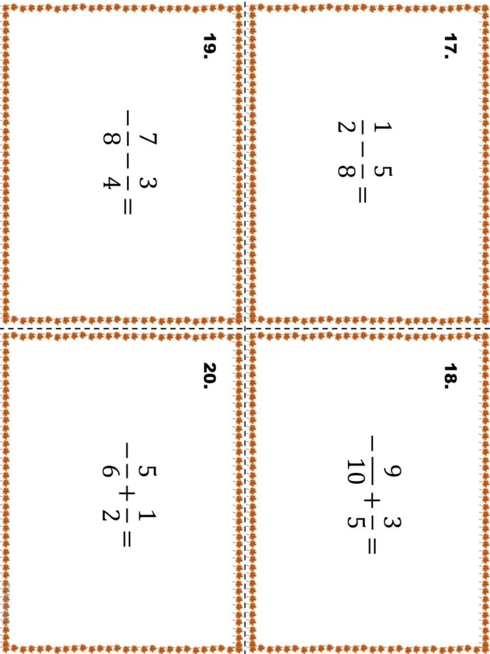 Task cards 17-20: final fraction problems, including 1/2 - 5/8, -9/10 + 3/5, -7/8 - 3/4 and -5/6 + 1/2