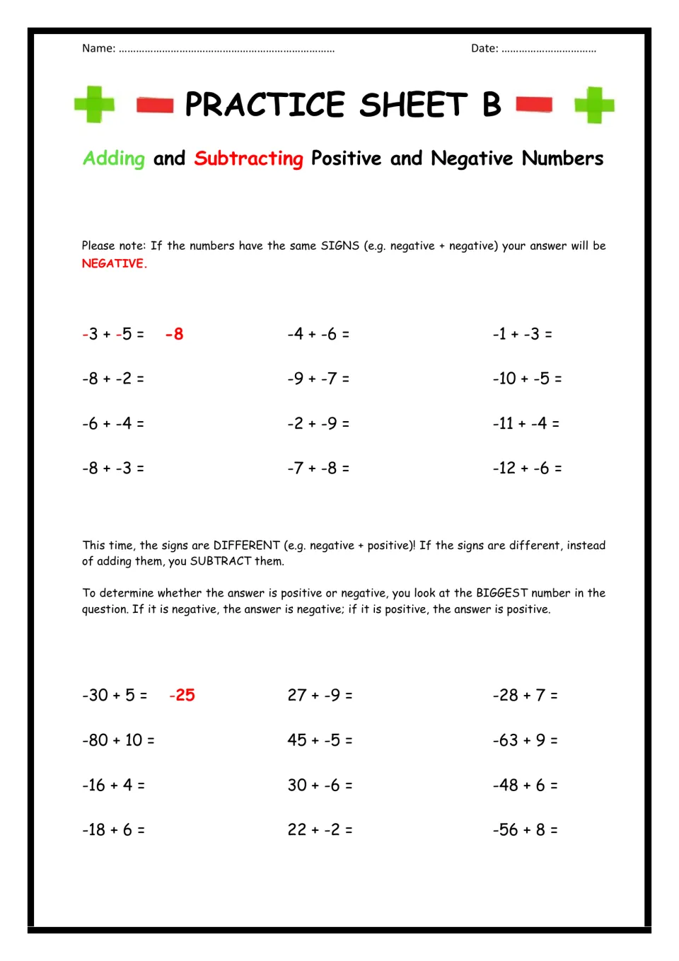 Adding integers with same and different signs: students solve 24 sums like -3 + -5 and -30 + 5 using the sign rules