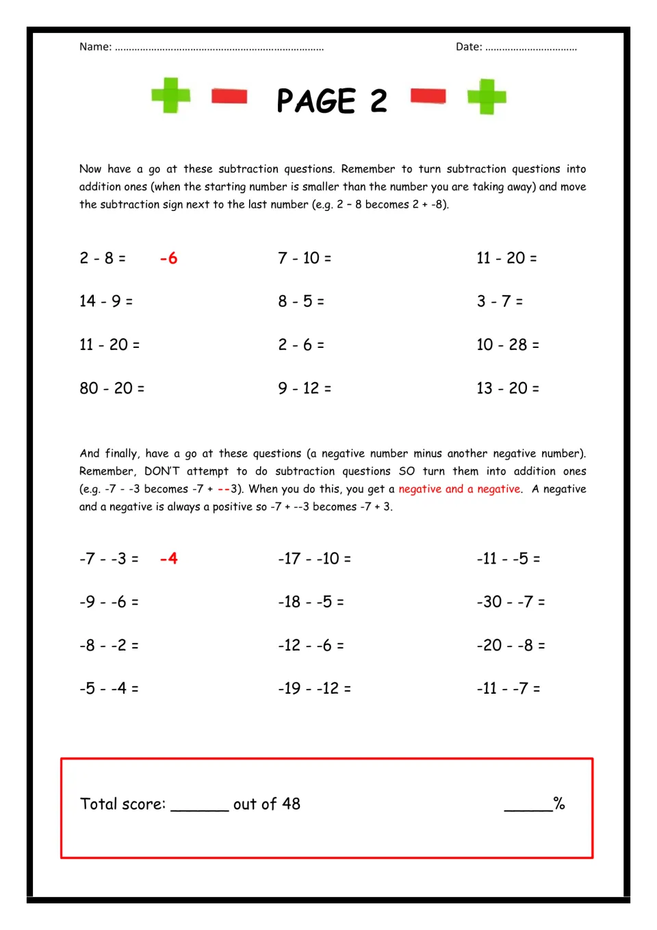 Subtracting with negatives: learners rewrite 24 problems like 2 - 8 and -7 - -3 as addition, then score out of 48