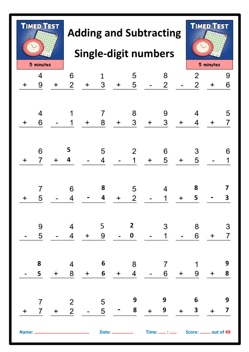 Single-digit adding and subtracting timed test: students solve 49 vertical facts in 5 minutes and record time and score