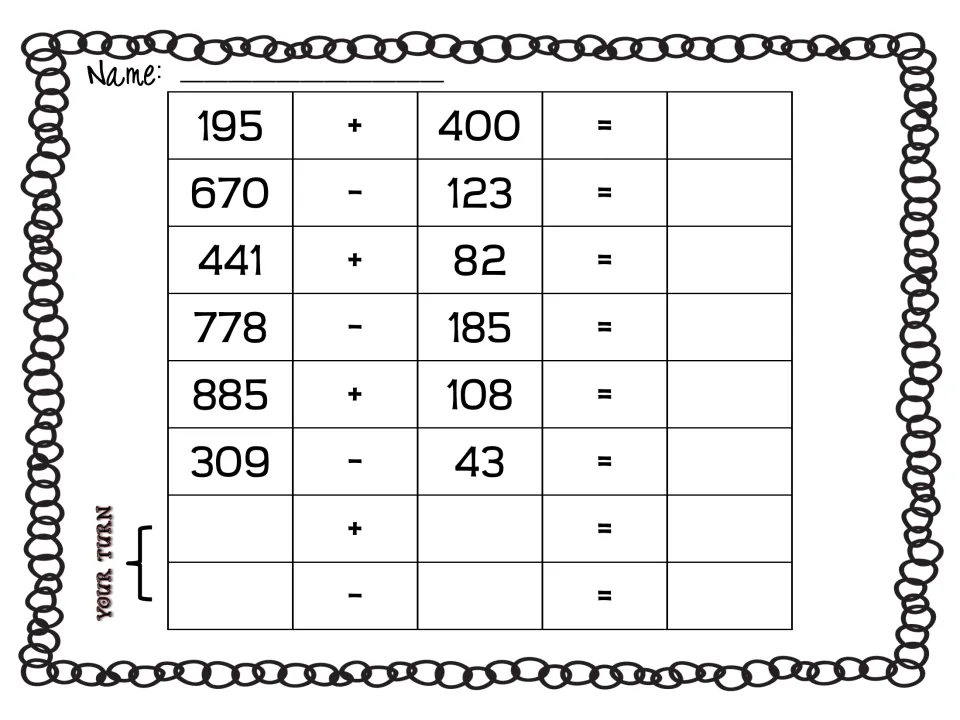Adding and subtracting within 1000: students solve six problems like 195 + 400 and 670 - 123, then make up two more