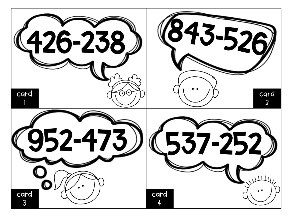 Subtraction task cards 1-4: students solve 3-digit problems with regrouping: 426-238, 843-526, 952-473 and 537-252