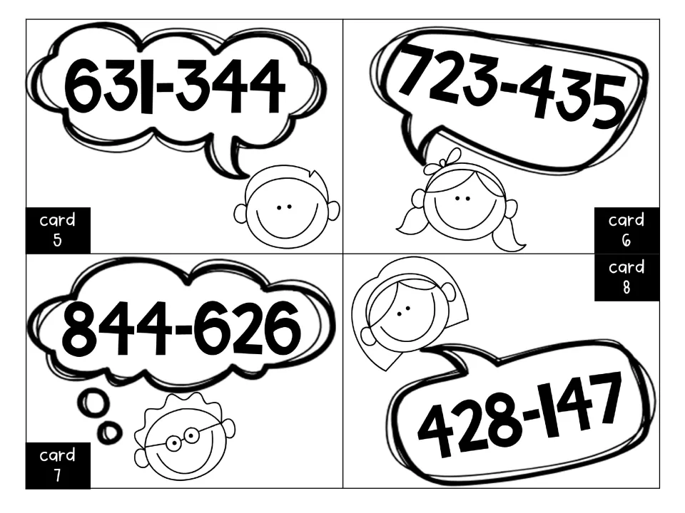 Subtraction task cards 5-8: students regroup to solve 631-344, 723-435, 844-626 and 428-147 in speech bubbles