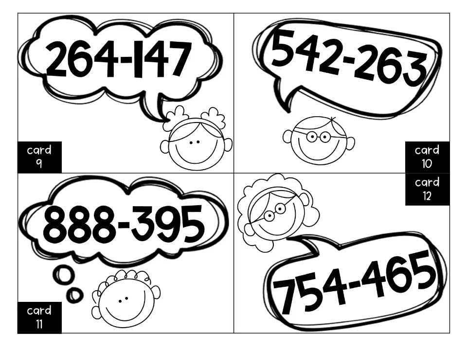 Subtraction task cards 9-12: students find differences for 264-147, 542-263, 888-395 and 754-465 with regrouping