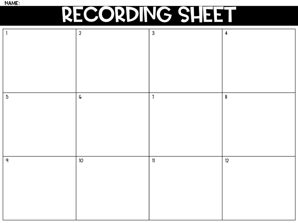 Plain recording sheet numbered 1 to 12 with a name line, where students show their own work for each task card problem
