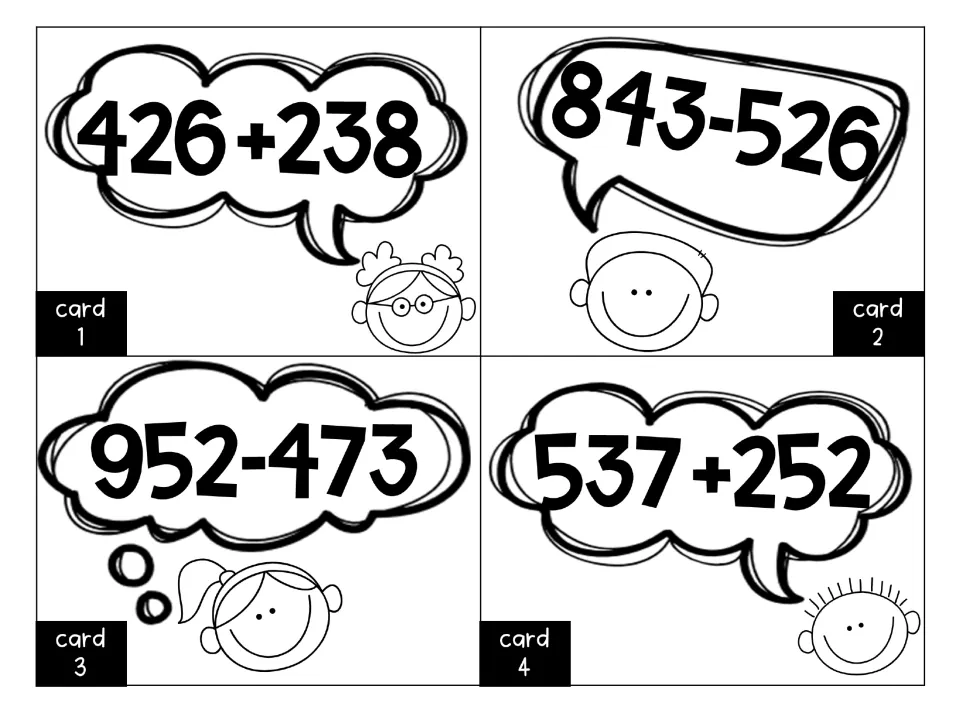 Mixed task cards 1-4: students add and subtract 3-digit numbers, solving 426+238, 843-526, 952-473 and 537+252