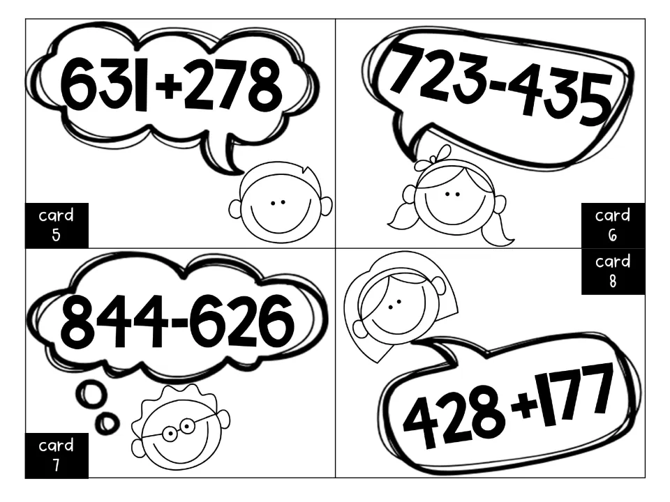 Mixed task cards 5-8: students choose to add or subtract for 631+278, 723-435, 844-626 and 428+177 in speech bubbles