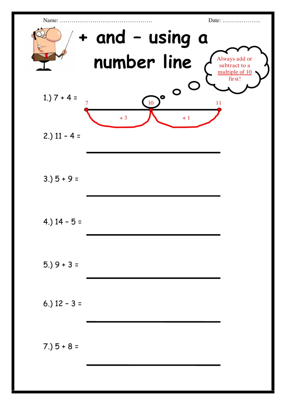 Bridging through 10 on a number line: a worked 7 + 4 example, then students solve problems like 11 - 4 and 5 + 9
