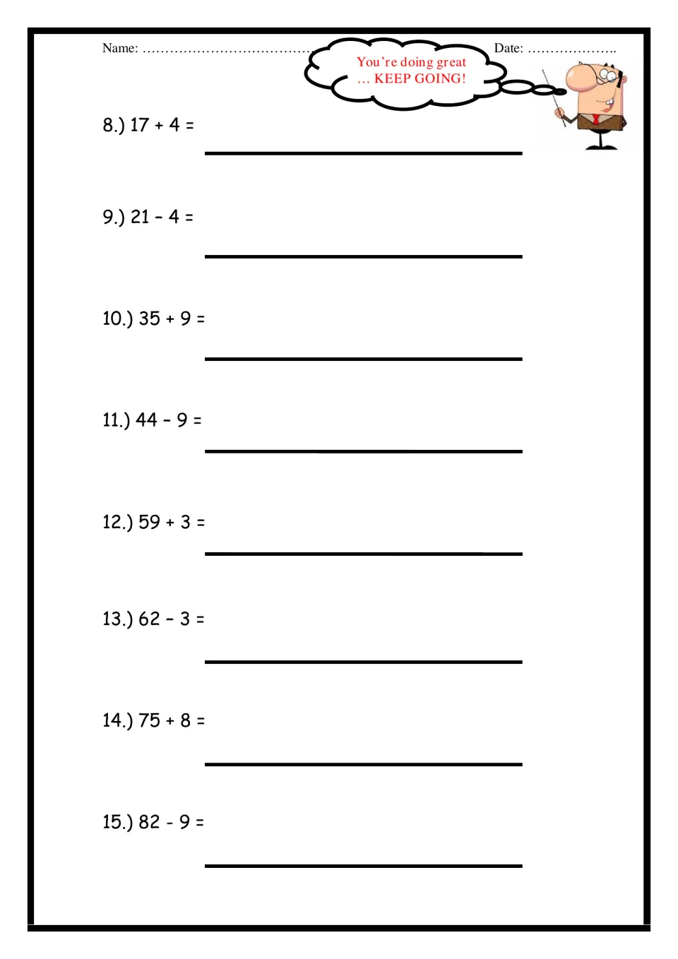 Number line jumps via a ten: students solve problems 8 to 15, such as 17 + 4, 44 - 9 and 82 - 9