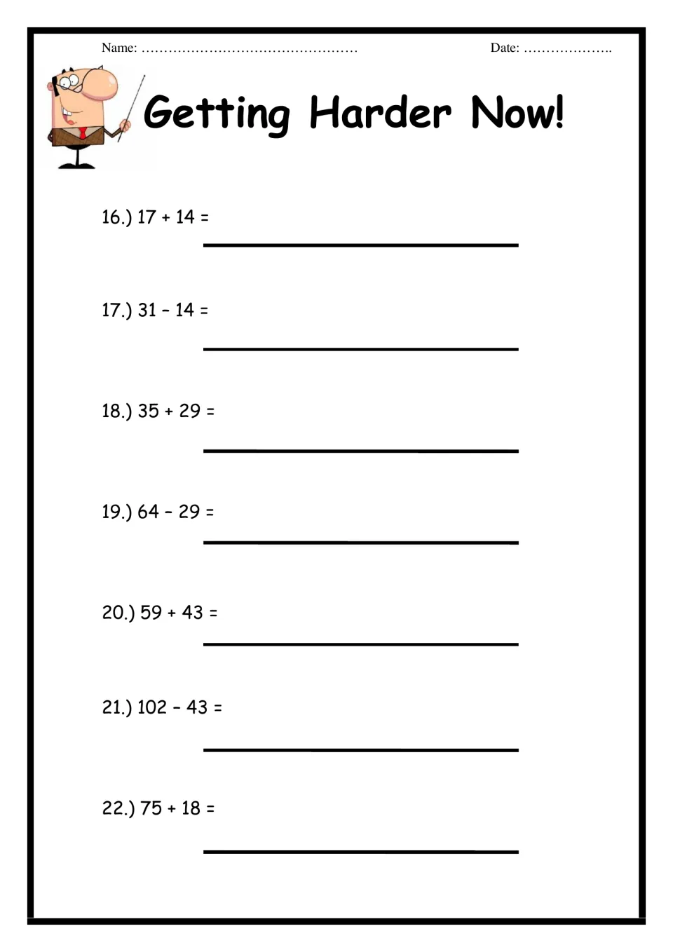 Getting Harder Now!: students solve number line problems 16 to 22, such as 35 + 29, 64 - 29 and 102 - 43