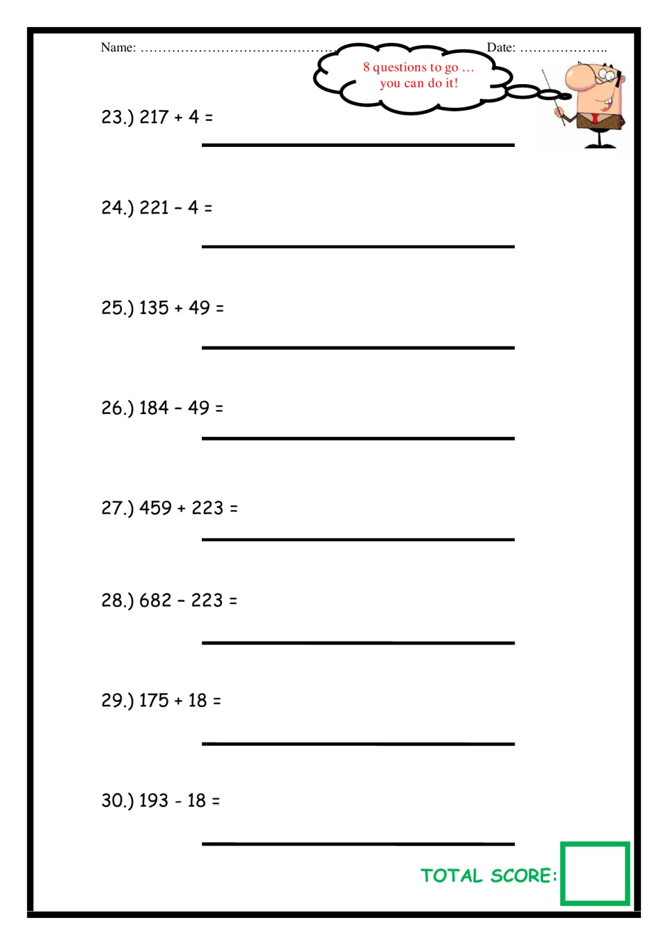 Three-digit number line practice: students solve problems 23 to 30, like 217 + 4 and 682 - 223, and record a score