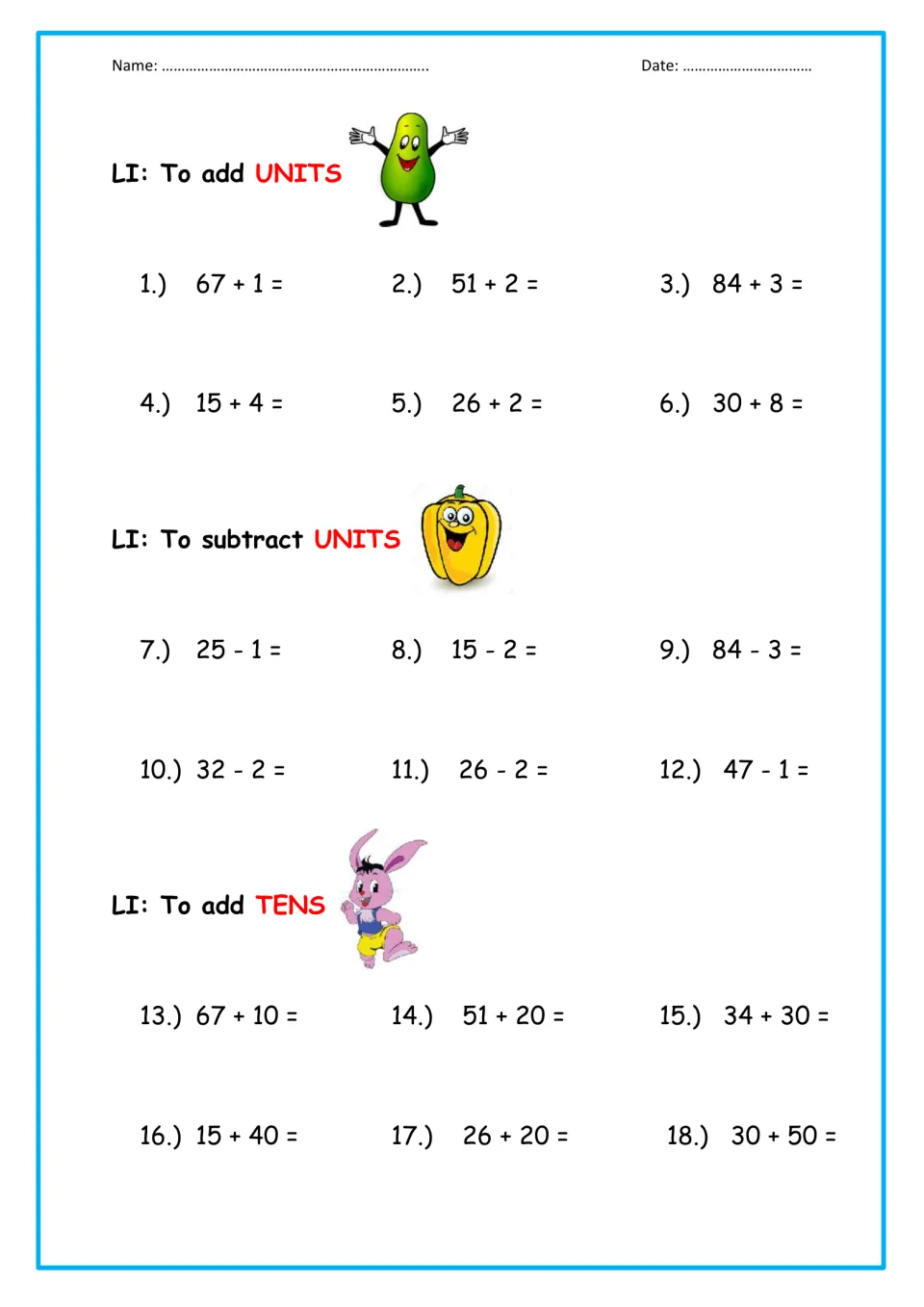 Place value practice: students add units, subtract units and add tens to two-digit numbers in 18 problems like 67 + 10