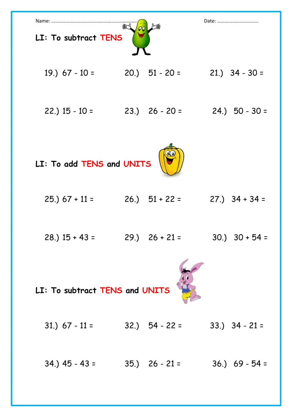 Two-digit sums and differences: students subtract tens, then add and subtract tens and units in problems 19 to 36
