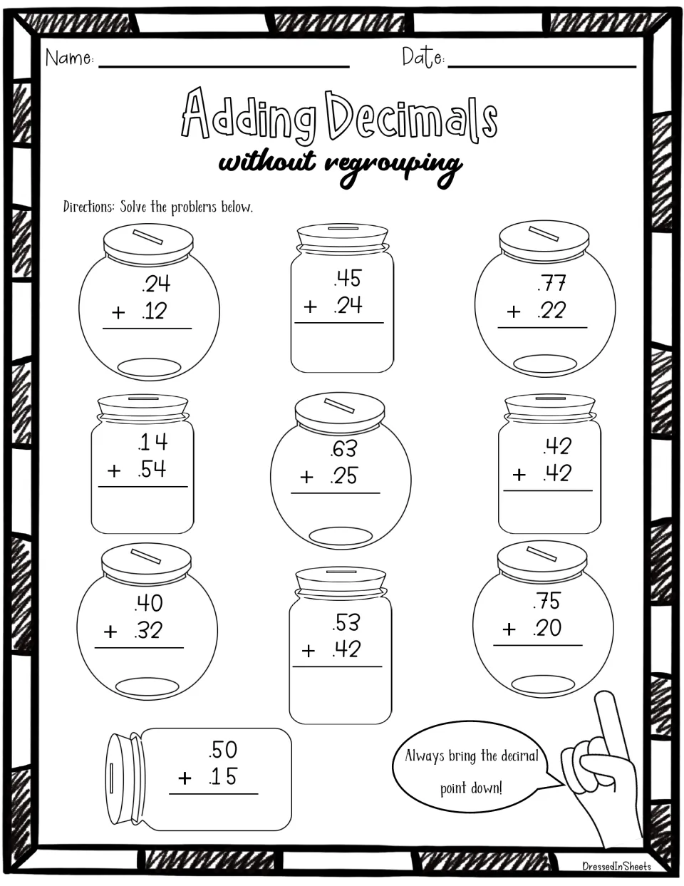 Adding Decimals without regrouping: students solve 10 hundredths sums such as .24 + .12, each set inside a coin bank jar