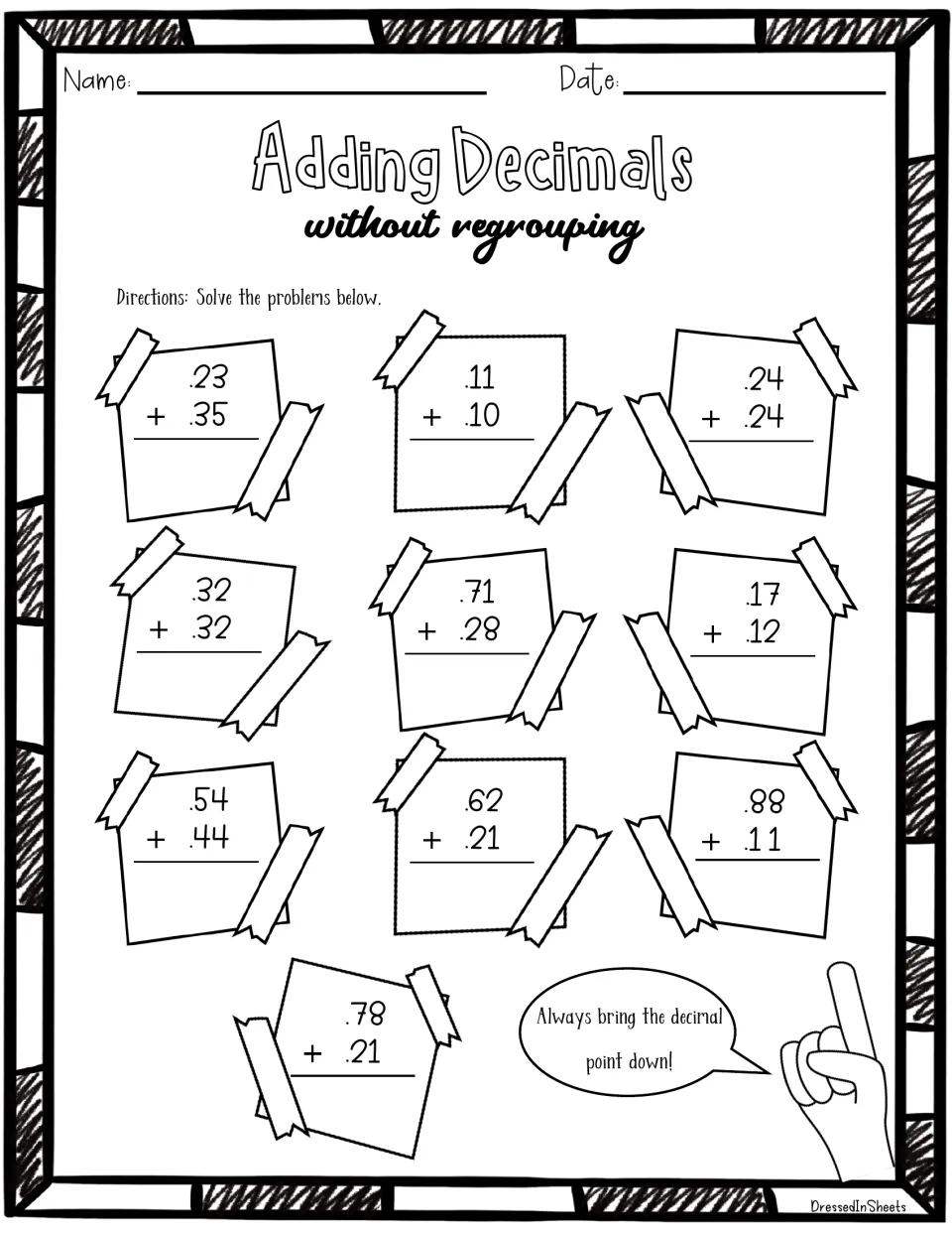 Adding hundredths without regrouping: students find 10 sums like .23 + .35 and .88 + .11 written on taped-up paper notes