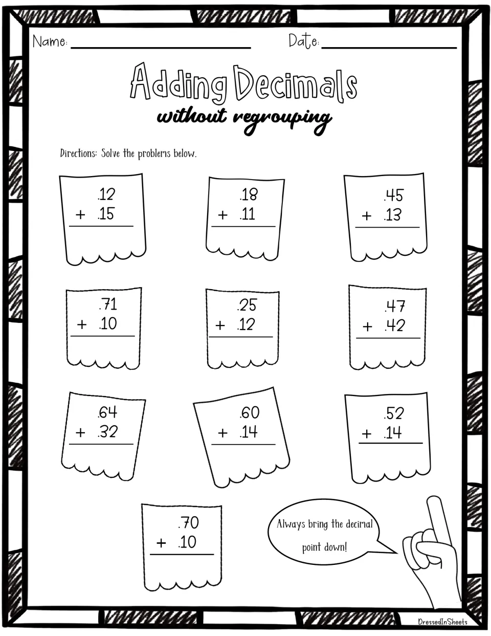 Decimal addition with no regrouping: students solve 10 problems such as .12 + .15 and .70 + .10 on scalloped paper tags