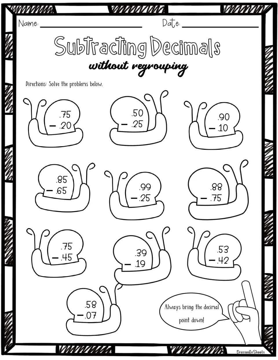 Subtracting Decimals without regrouping: students find 10 differences like .75 - .20 and .58 - .07 shown on cartoon snails