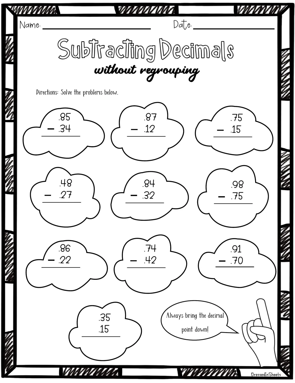 Decimal subtraction without regrouping: students solve 10 problems such as .85 - .34 and .91 - .70 inside clouds
