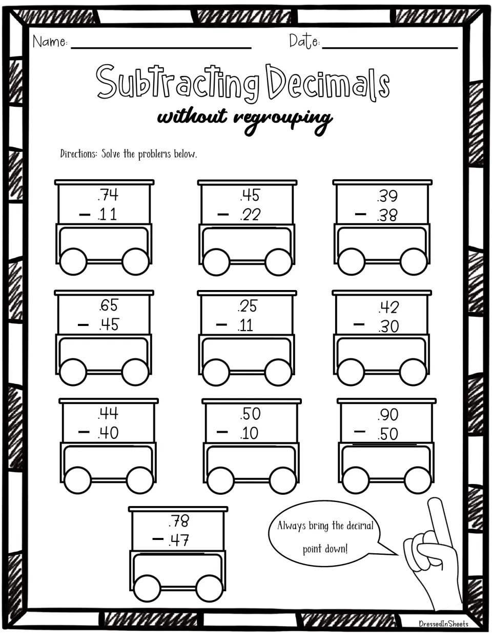 Subtracting hundredths with no regrouping: students solve 10 problems like .74 - .11 and .78 - .47 set on wagon carts