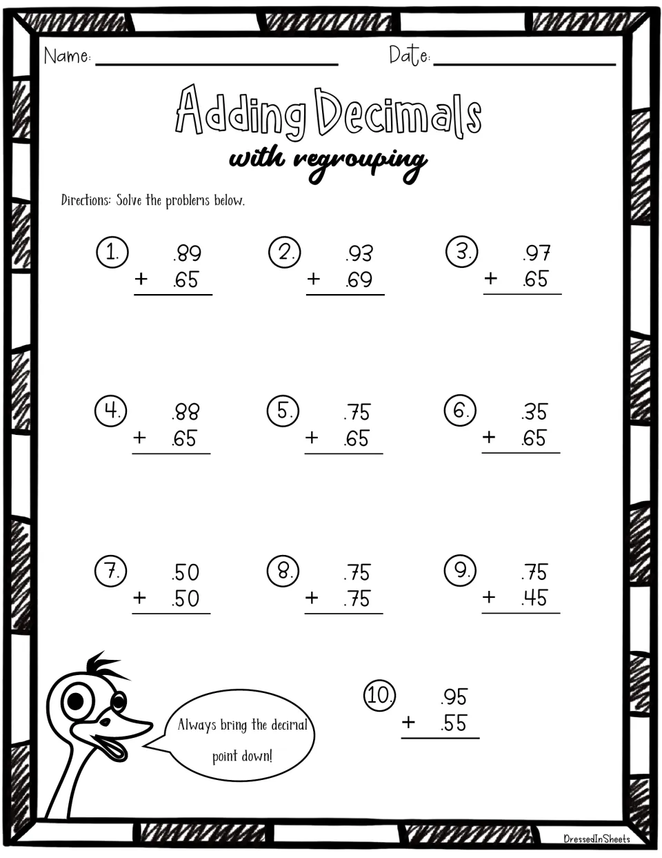 Adding Decimals with regrouping: students solve 10 numbered sums like .89 + .65 and .95 + .55 that carry over