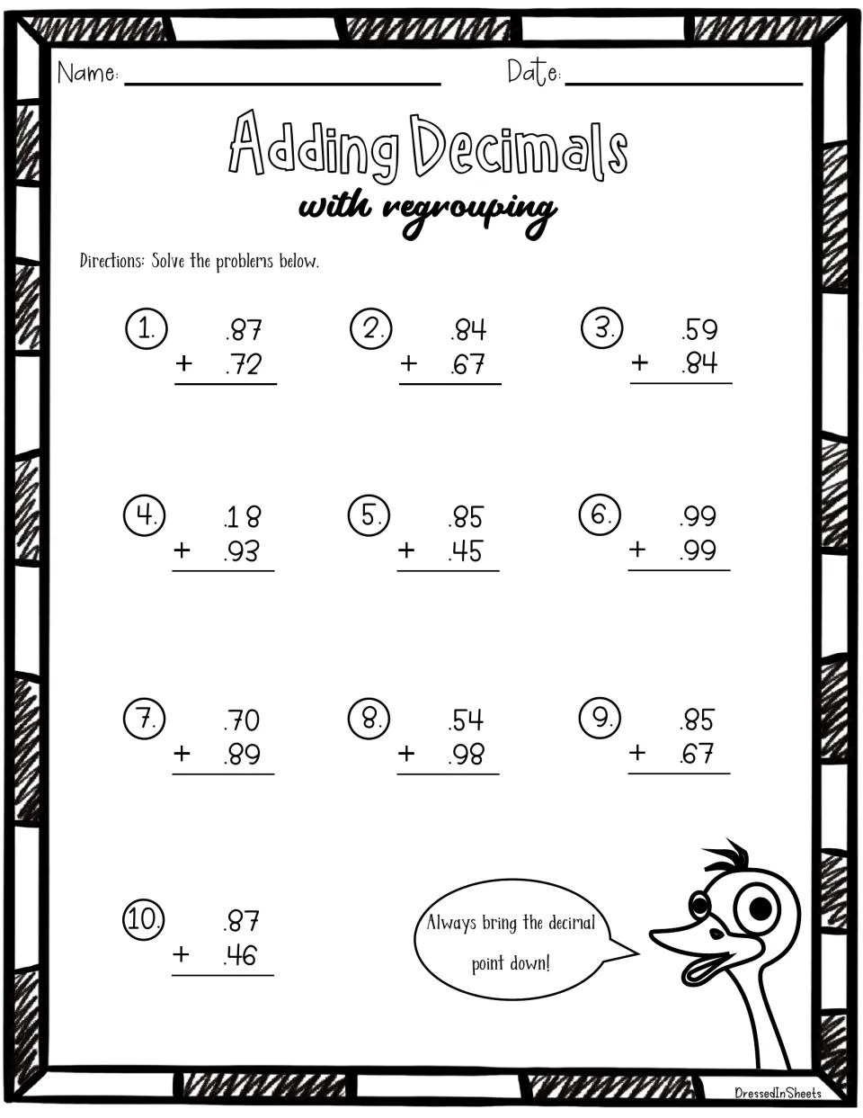 Decimal addition with regrouping: students work 10 numbered problems such as .87 + .72, .99 + .99 and .87 + .46